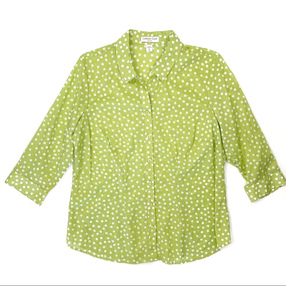 Coldwater Creek No Iron Polka Dot Button up lime
